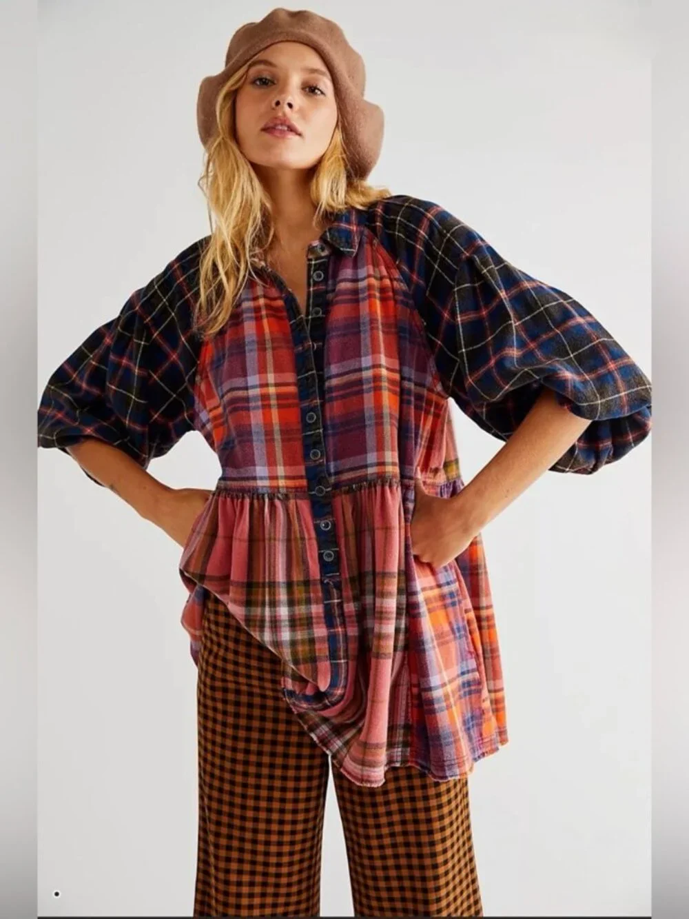 Free People Moon Bay Mixed Plaid Dress Babydoll Patchwork Western Small - Picture 4 of 14